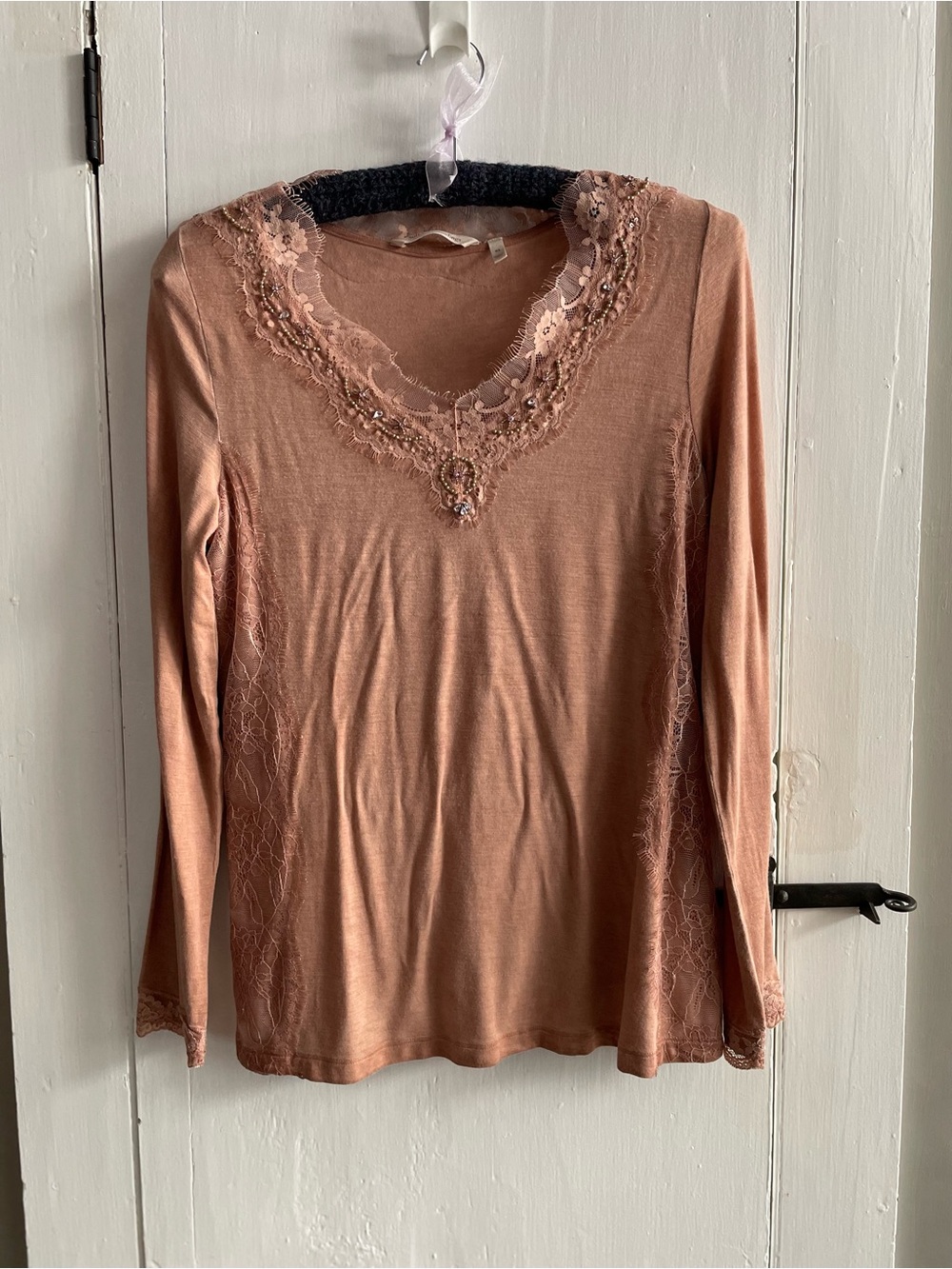 Soft Surroundings Lace Trim Mixed Media Beaded Long-Sleeve Top Dusty Rose